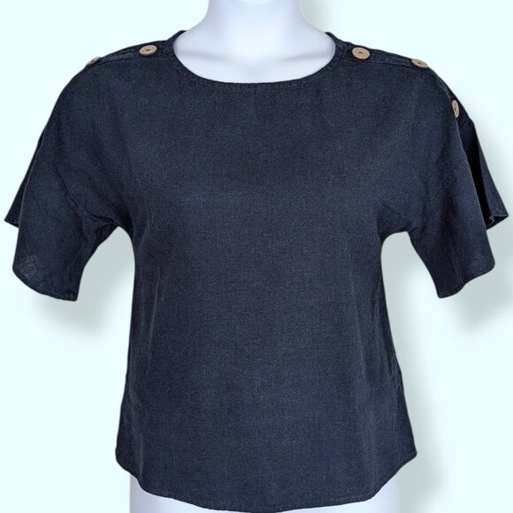 Ellen Tracy Navy Linen Blend Button Top - Picture 2 of 8